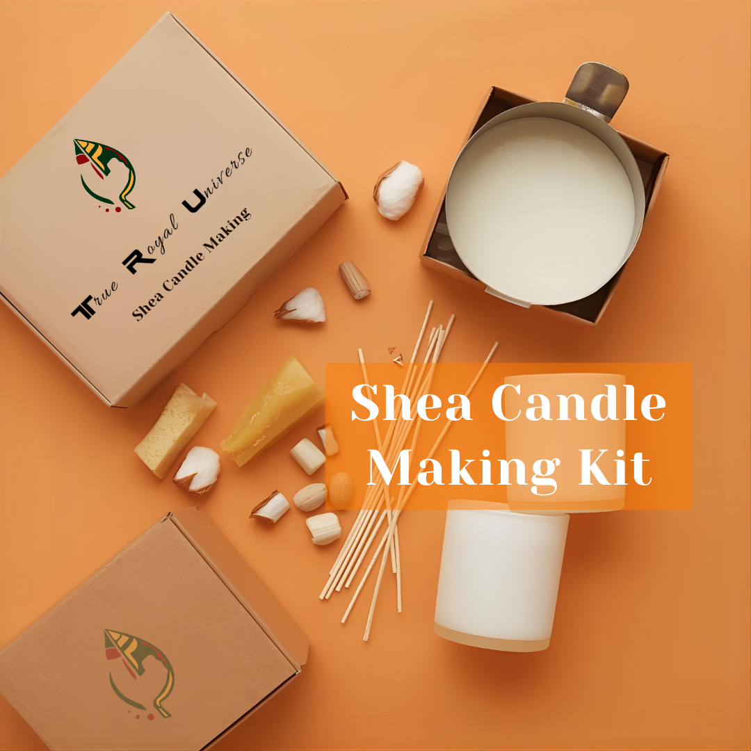 Shea candle making kit with materials on an orange background