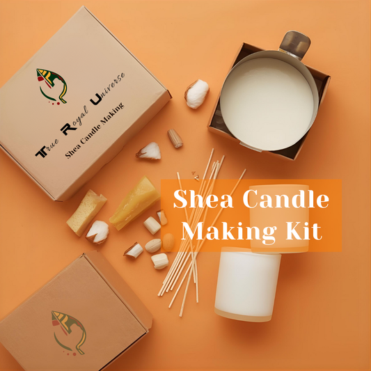 Shea candle making kit with materials on an orange background