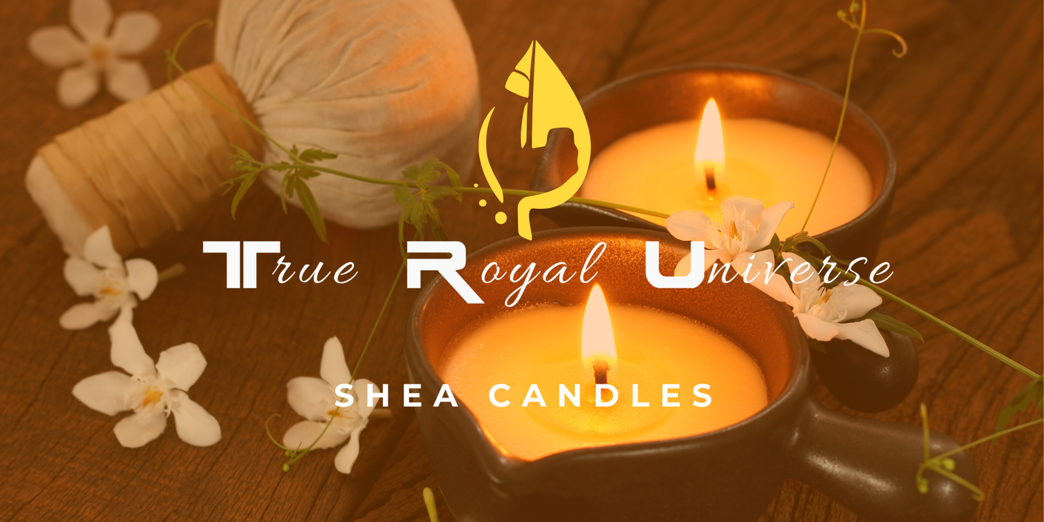 Shea candles with flowers and a ball of yarn on a wooden surface, featuring the 'True Royal Universe' brand.